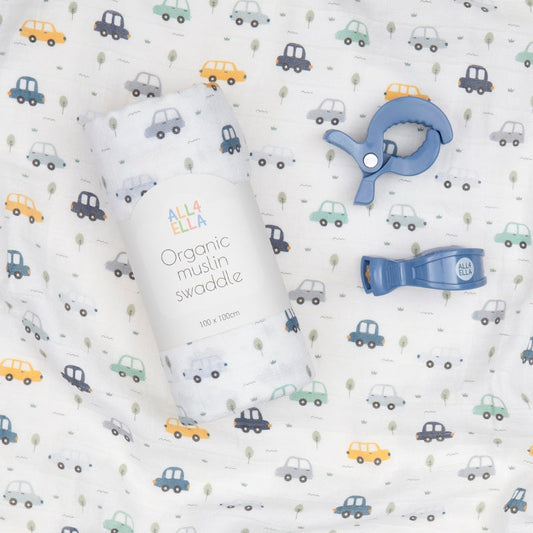 All4Ella Organic Cotton Muslin Swaddle & Pram Peg x 2 Gift Set
